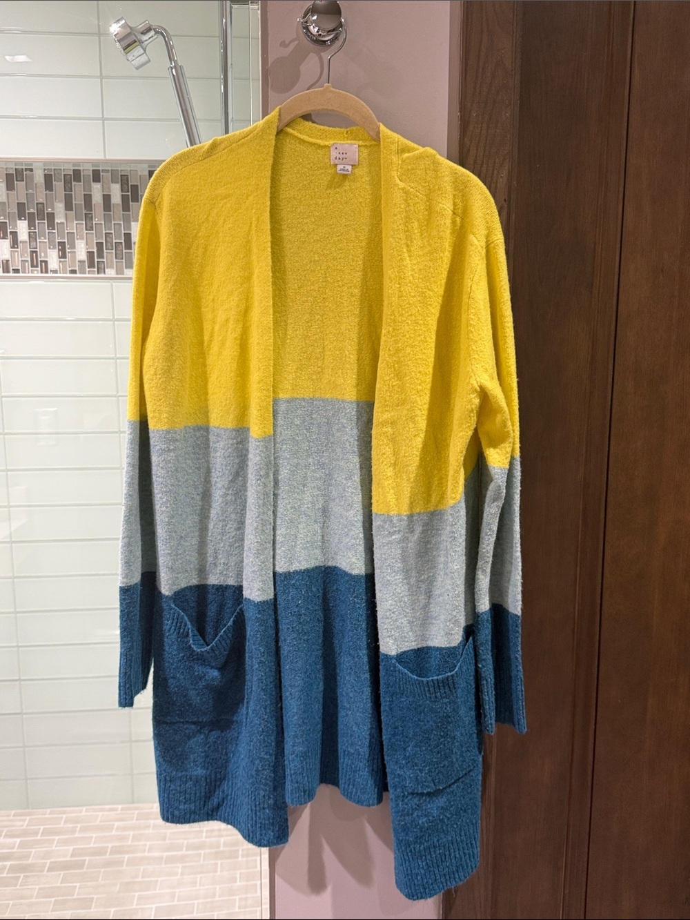 a new day 

Yellow, Gray and Teal/Blue Colorblock Open Cardigan